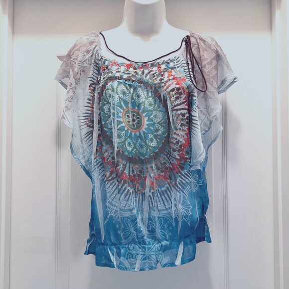 Bongo-Women's Sheer Short Flowy Sleeves Top-Necklace Built in-Med-Blue Boho - Picture 2 of 16